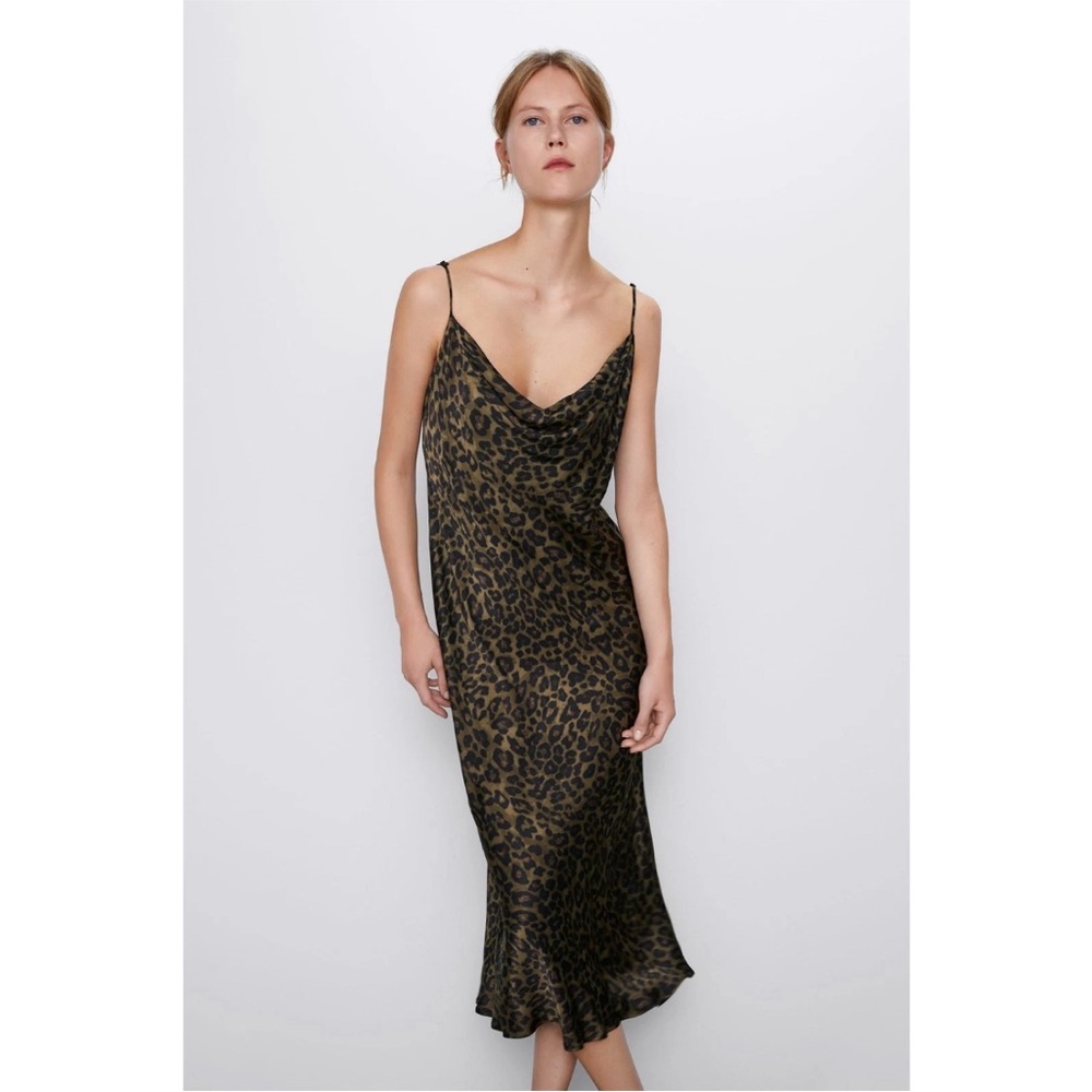 Zara Leopard Animal Print Silk Satin Cowl Neck Cami Slip Midi Dress XS